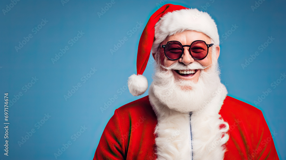 Naklejka premium Smiling Cool Santa Claus. Isolated on blue background