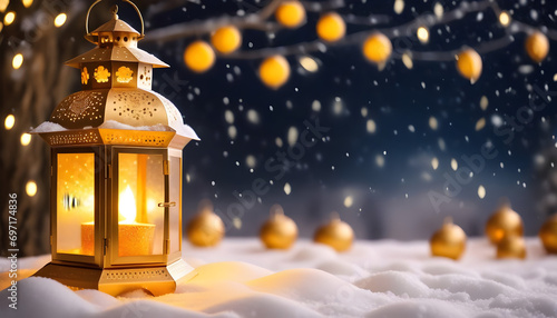 Islamic lantern in the snow. Ai