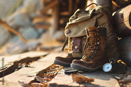 A shot of outdoor adventure gear, such as a backpack, hiking boots, and a compass, representing readiness for exploration