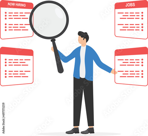 Young employee using magnifying glass in hands searching for new hiring career. Job searching and seeking concept.

