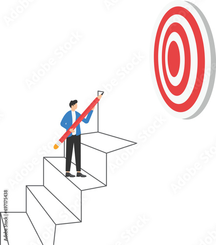 Build stair to reach target, career success or progress to achievement, business goal or future succeed, effort to grow career path concept, businessman use pencil to draw stair step to reach success.