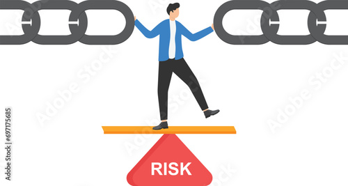 Businessman standing on risk triangle with holding metal chain together. Risk Management and supply chain. 

