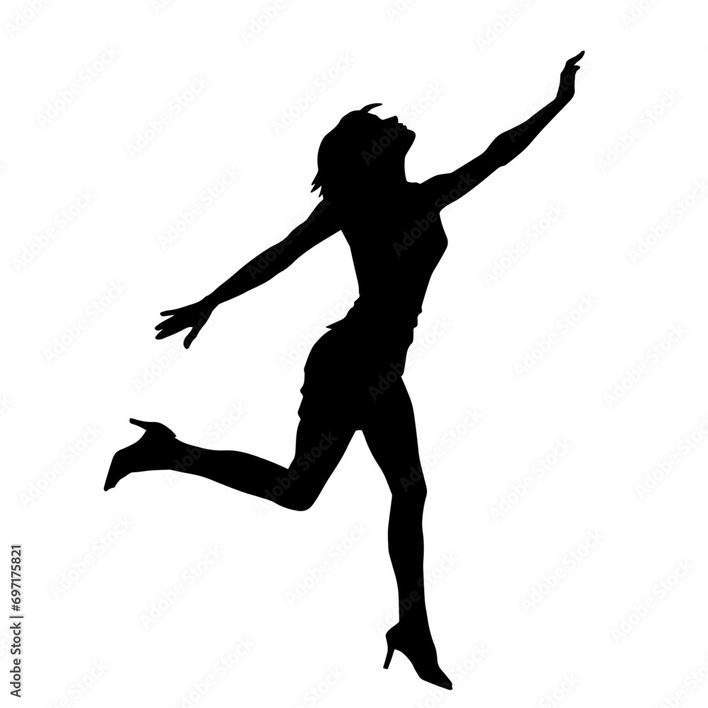 Silhouette of a female dancer in action pose. Silhouette of a slim woman in dancing pose. Silhouette of a female dancer in action pose. Silhouette of a slim woman in dancing pose.