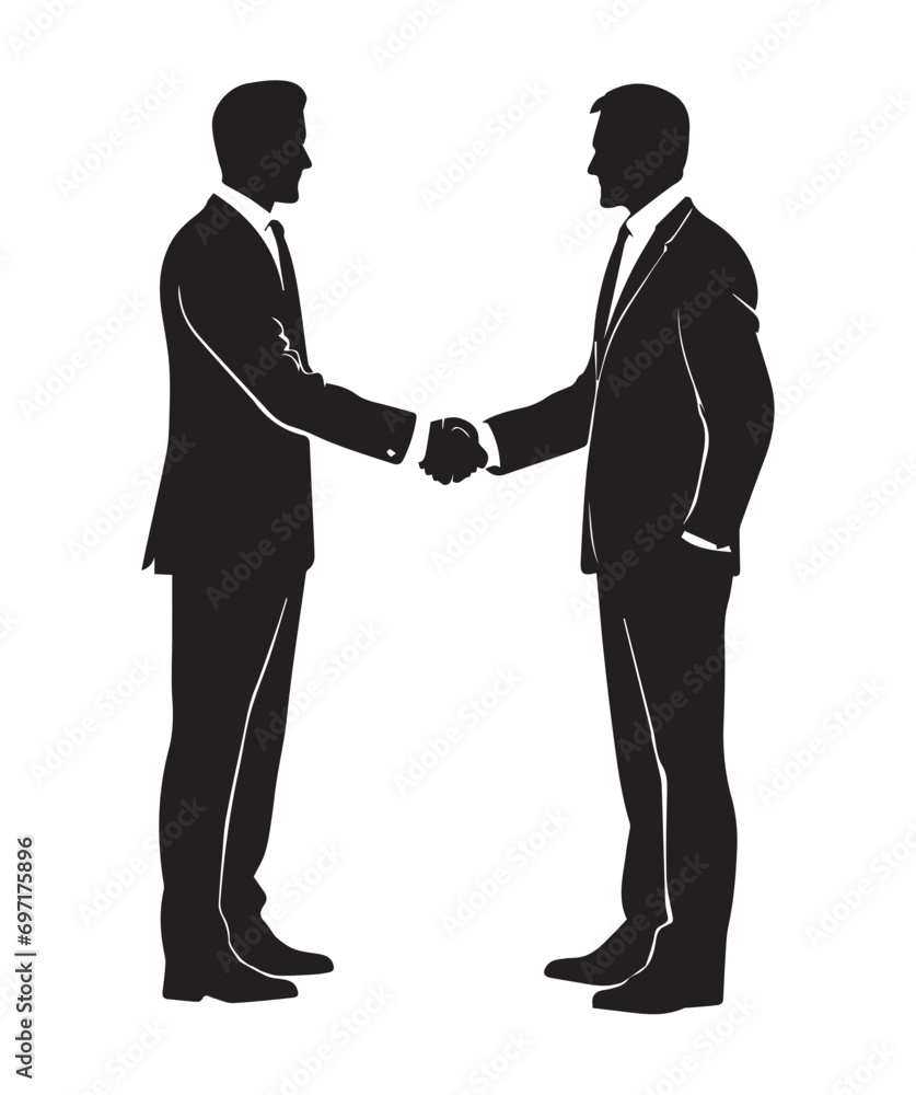 Silhouetted two businessmen shaking hands, symbolizing partnership and agreement in business. Corporate accord. Vector illustration  