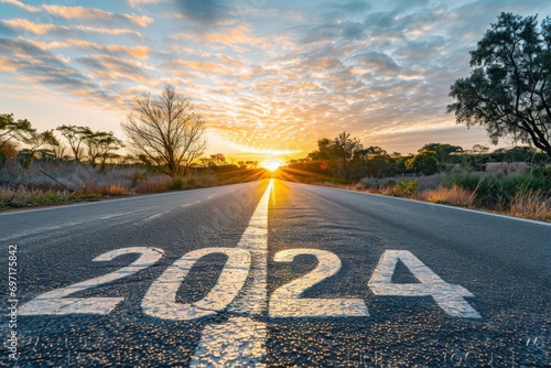 2024 new year concept written on the middle of road.
