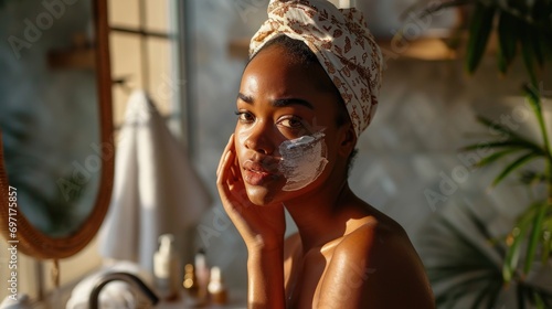 afro american female with headscarf applies cleanser or white cream in the bathroom