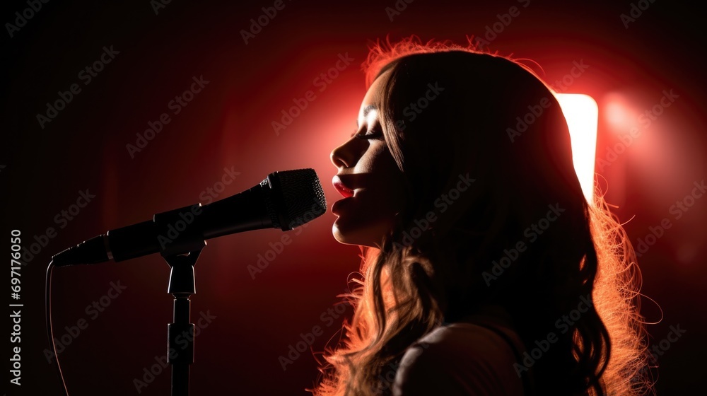 Silhouette girl musician singing mic in studio lights Silhouette girl musician singing mic in studio lights