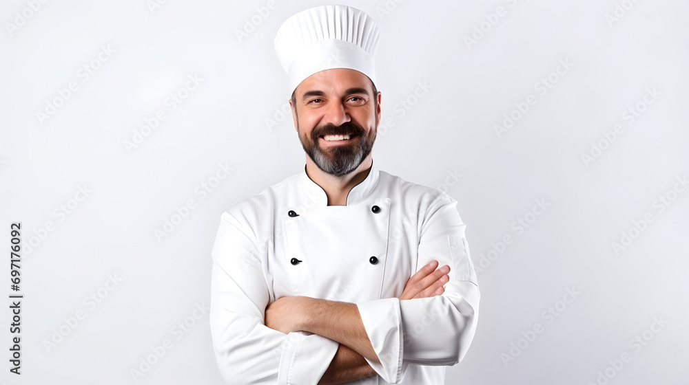 Portrait of handsome male chef with smile in studio