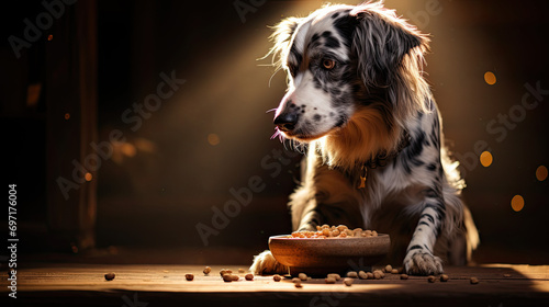 Feeding hungry dog. The owner gives his dog a bowl of dog food photo