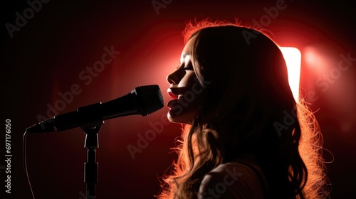 Silhouette girl musician singing mic in studio lights