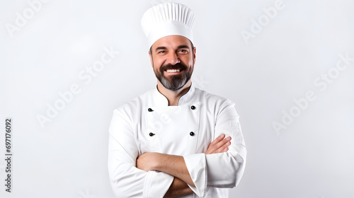 Portrait of handsome male chef with smile in studio