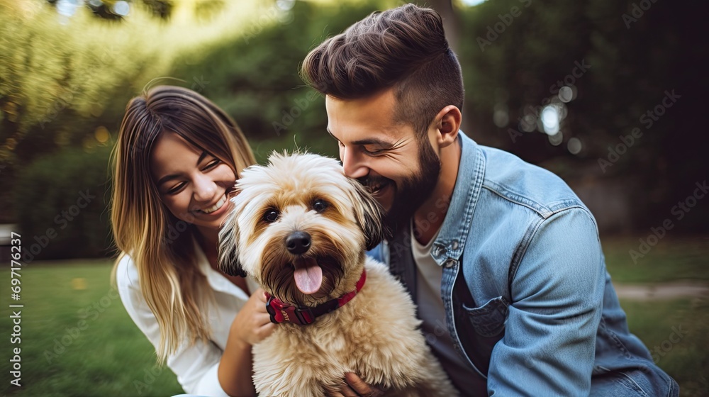 Couple spending time with pets in a park or at home. Capture the joy and laughter as they interact with their furry friends Couple spending time with pets in a park or at home. Capture the joy and laughter as they interact with their furry friends