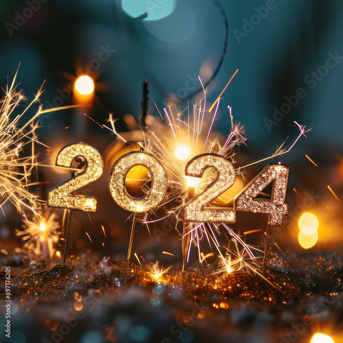 The word 2024 number of new year new chapter and begining with sparkler background. photo