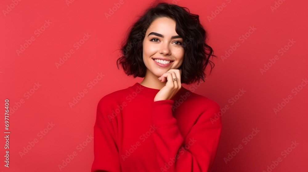 Portrait of a beautiful caucasian woman with red colored clothing Portrait of a beautiful caucasian woman with red colored clothing