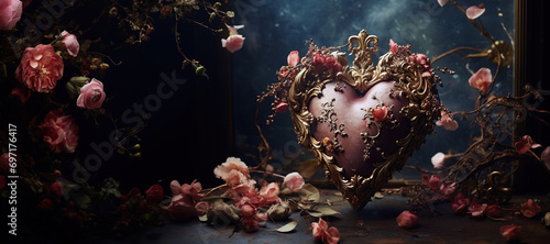 Valentines Day background. Dramatic still life scene with rich flowers photo
