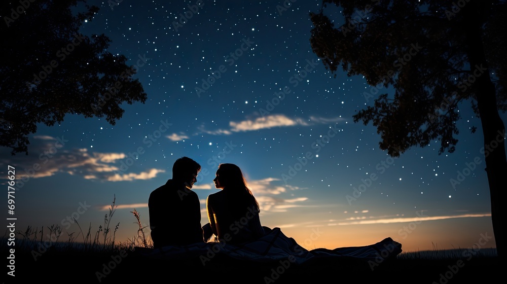 A quiet night with a clear sky. Capture the couple lying on a blanket, gazing at the stars, and sharing a moment of reflection and wonder