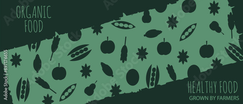 Design horizontal banner with Organic Healthy Food icon in trendy Minimal style. Eco friendly vegetables on torn paper. Vector illustration can used web and social media poster and background.