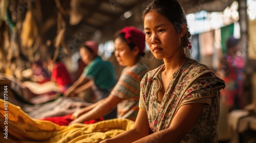 Asian factory female workers focused on sewing tasks in a bustling production environment