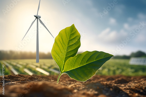 renewable energy light bulb with green energy, Earth Day or environment protection Hands protect forests that grow on the ground and help save the world, solar panels © fadi