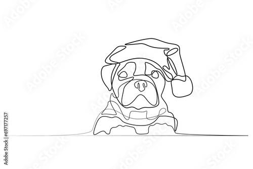 Cute little bulldog wearing a Santa Claus hat. The dog is ready for the New Year. Outline dog, one line
