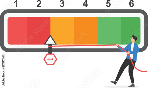 Businessmen pull the needle to the green bar scale. Product Rating Concept.

