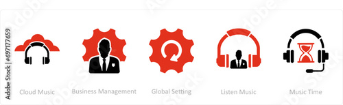 A set of 5 Contact icons as cloud music, business management, global setting