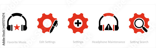A set of 5 Contact icons as favorite music, edit settings, settings
