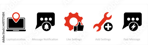 A set of 5 Contact icons as laptop location, message notification, like settings