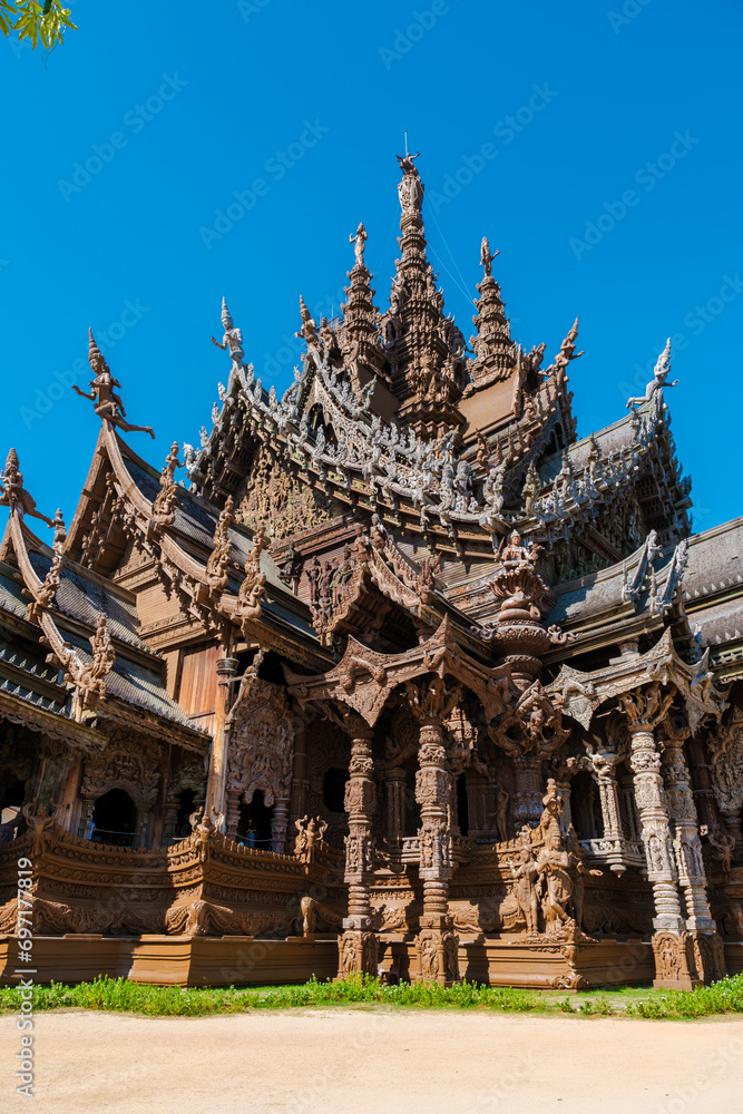 The Sanctuary of Truth wooden temple in Pattaya Thailand, a gigantic wooden temple construction located at the cape of Naklua Pattaya City Chonburi Thailand
