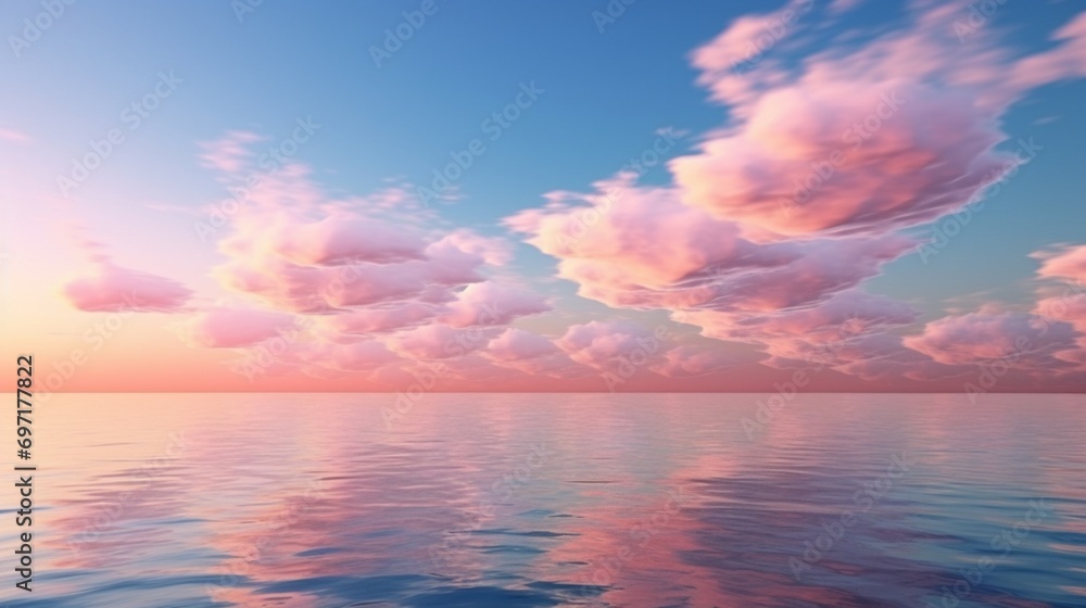 Pink-tinted cirrus clouds at dusk above a serene blue ocean