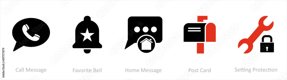 A set of 5 Contact icons as call message, favorite bell, home message A set of 5 Contact icons as call message, favorite bell, home message
