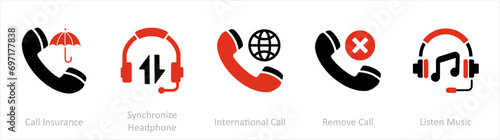A set of 5 Contact icons as call insurance, synchronize call, international call