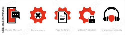 A set of 5 Contact icons as mobile message, maintenance, page settings