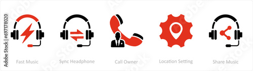 A set of 5 Contact icons as fast music, sync headphone, call owner