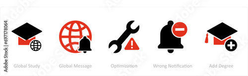 A set of 5 Contact icons as global study, global message, optimization