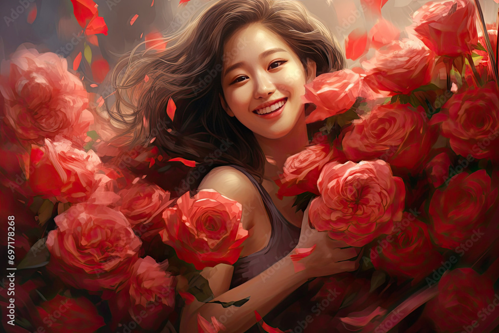 Woman with roses A young beautiful Korean woman bursts into exuberant joy from a gorgeous bouquet of roses on Valentine's Day Woman with roses A young beautiful Korean woman bursts into exuberant joy from a gorgeous bouquet of roses on Valentine's Day