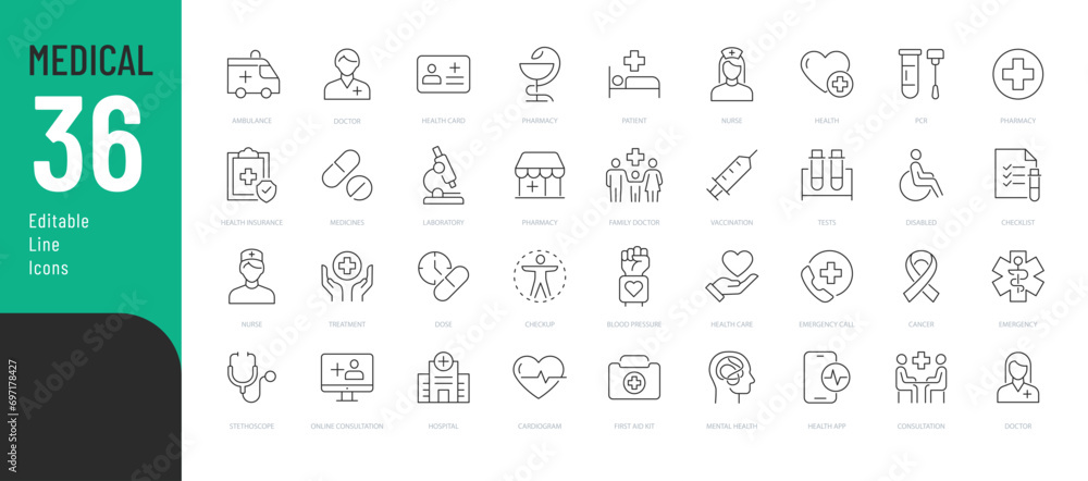 
Medical Line Editable Icons set. Vector illustration in modern thin line style of general medical icons: signs and symbols of medicine and pharmacology, hospital, doctor, tests, etc. Isolated on whit - obrazy, fototapety, plakaty 