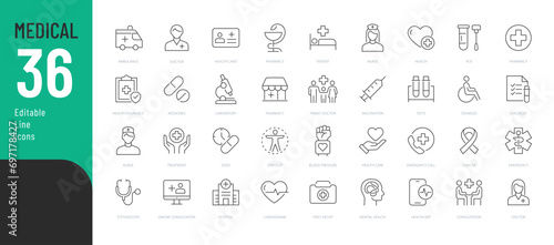 
Medical Line Editable Icons set. Vector illustration in modern thin line style of general medical icons: signs and symbols of medicine and pharmacology, hospital, doctor, tests, etc. Isolated on whit photo