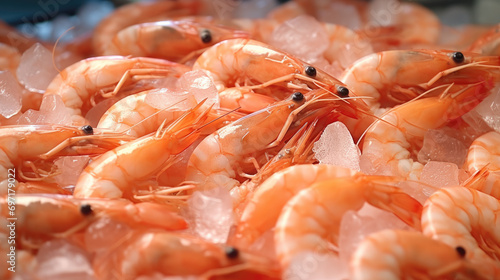 Freshly cooked shrimp & Prawn seafood displayed on ice.