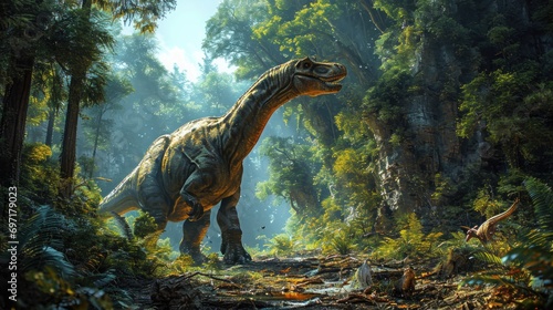 Brachiosaurus Dinosaur in a whimsical and colorful style. In natural habitat. Jurassic Park. © Татьяна Креминская