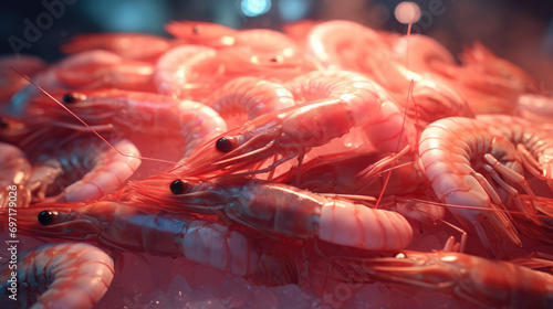 Freshly cooked shrimp & Prawn seafood displayed on ice.