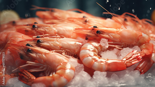 Freshly cooked shrimp & Prawn seafood displayed on ice.