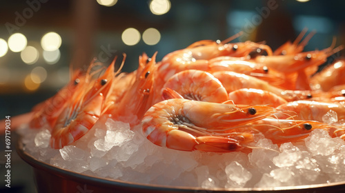 Freshly cooked shrimp & Prawn seafood displayed on ice.