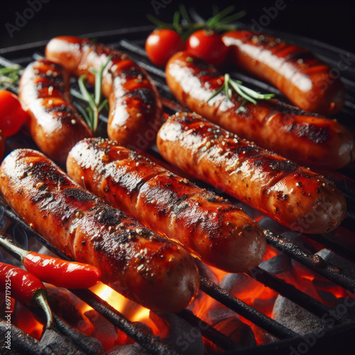 Juicy sausages are fried on a grill grate on bright coals dark background. ai generative