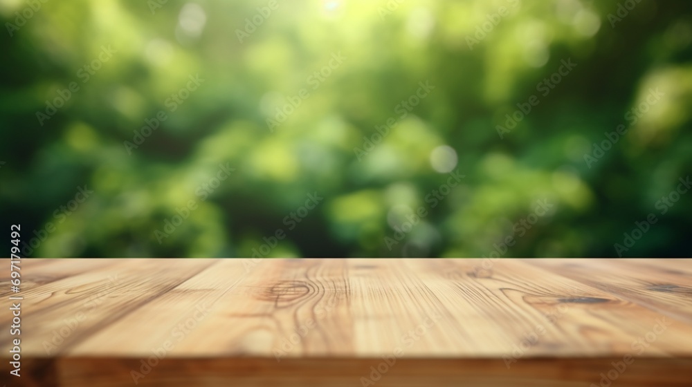 Table top made of empty wood with a blurred abstract green background from a house and garden. For product showcase montage - obrazy, fototapety, plakaty 