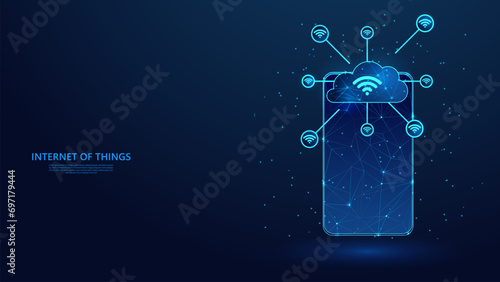 Internet of things abstract concept. Low poly wireframe style technology background.