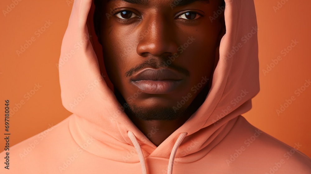 Close-up cropped portrait of a handsome black man wearing a peach Fuzz colored hoodie and looking at the camera on an orange background. Fashion, trends, clothing and accessories concepts. Close-up cropped portrait of a handsome black man wearing a peach Fuzz colored hoodie and looking at the camera on an orange background. Fashion, trends, clothing and accessories concepts.