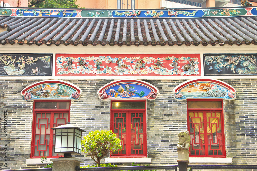 Beautiful Facade of a Chinese Temple in Wanchai, Hong Kong Beautiful Facade of a Chinese Temple in Wanchai, Hong Kong