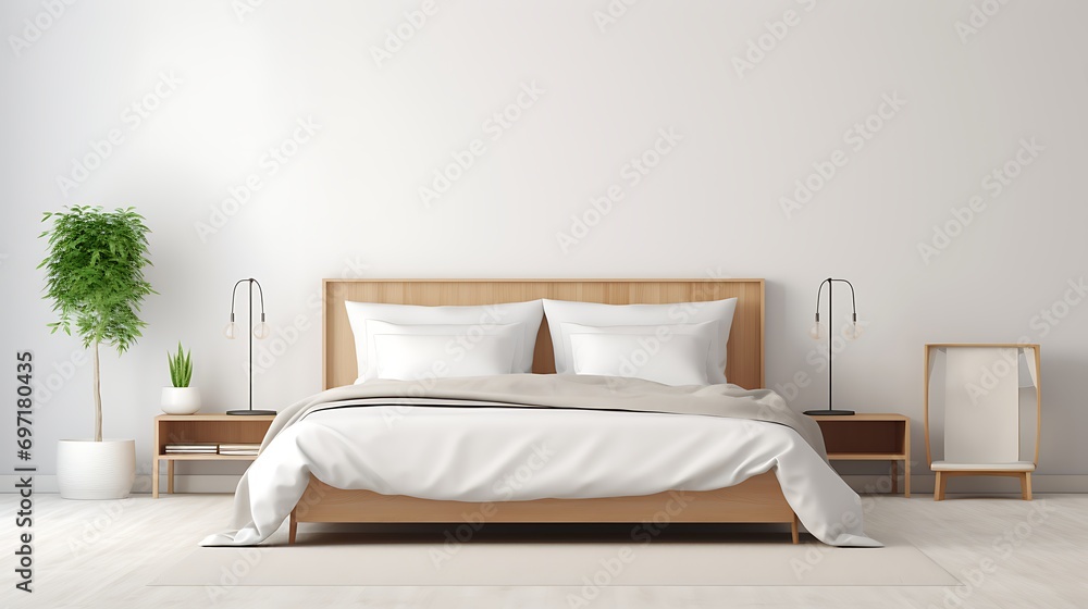 Scandinavian minimalism A white modern bed in a room with neutral tones and clean lines