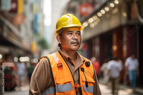 Male construction worker in safety jacket and hat is walking © Instacraft.Studio
